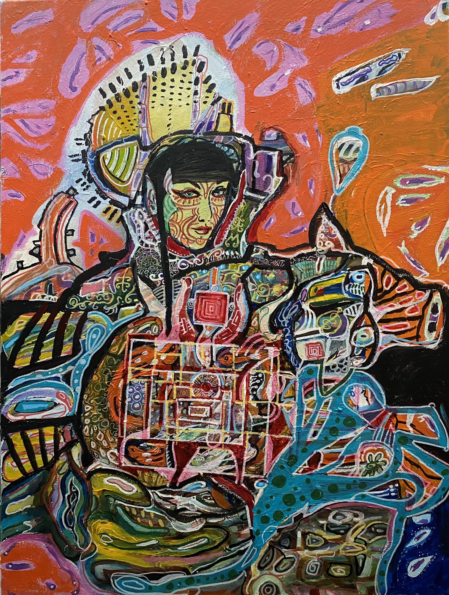 Schilderij Tesseract‑portal: vrouw bij een portaal in tesseract‑vorm